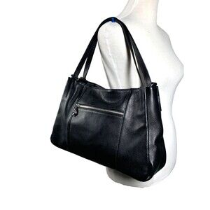 HESHE Genuine Pebble Leather Shoulder Bag Black Double Handle Zip Top w/ Feet